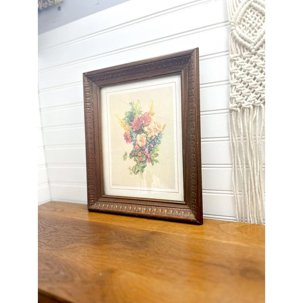 Vintage Floral Print in Wooden Frame - 1976 D.A.C. NY